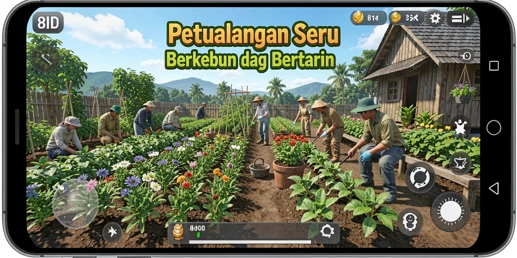 Tangkapan layar utama 8ID menampilkan kebun yang subur dengan berbagai tanaman.