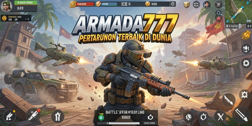 Screenshot utama ARMADA777 menampilkan aksi seru dalam pertempuran Battle Royale.