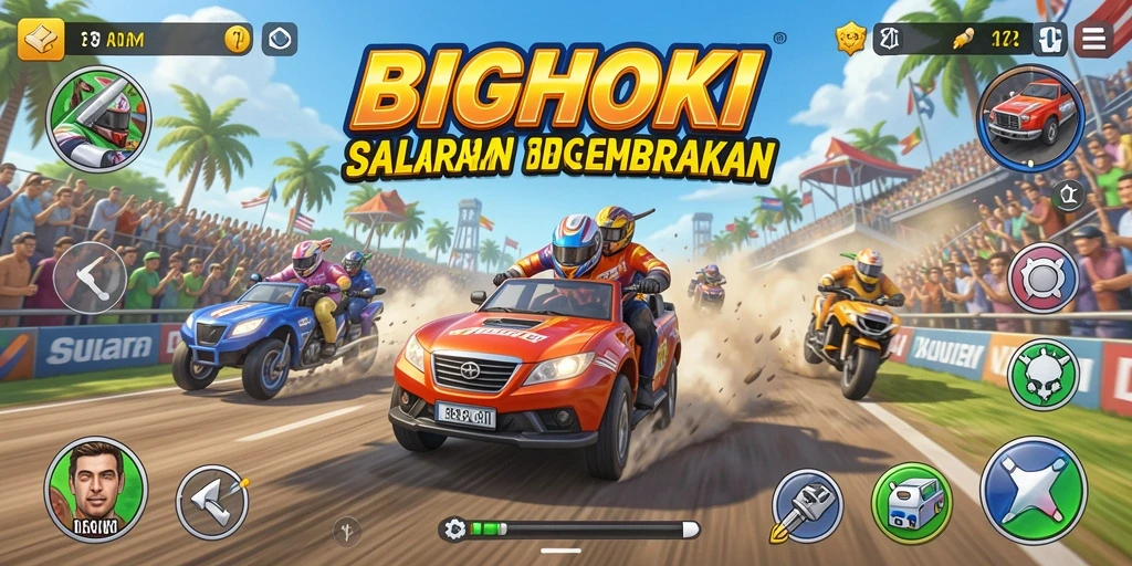 Tampilan gameplay BIGHOKI dengan mobil balap yang cepat