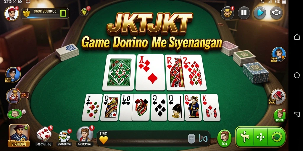 Tampilan gameplay JKTJKT dengan pemain yang bersaing di meja domino.
