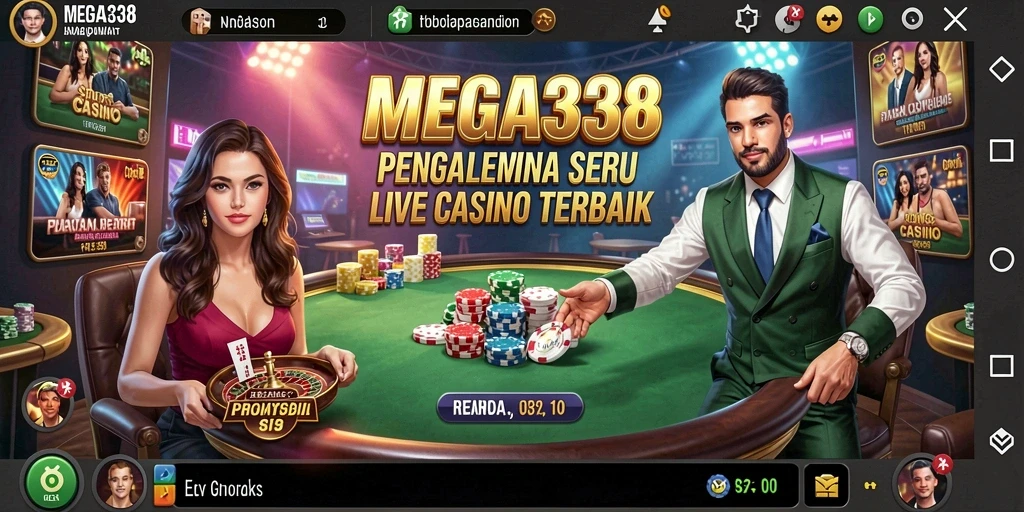 Screenshot utama MEGA338 yang menunjukkan dealer dan permainan Live Casino yang seru.