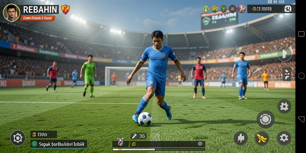 Tampilan dinamis gameplay sepak bola dalam REBAHIN.