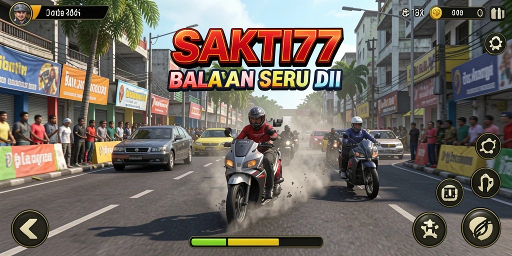 Tampilan gameplay SAKTI77 dengan balapan seru dan mobil yang melaju cepat.
